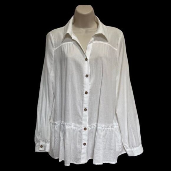 Doe & Rae White Cotton Lightweight Peasant Blouse Ruffle Hem Sz L - Picture 10 of 10